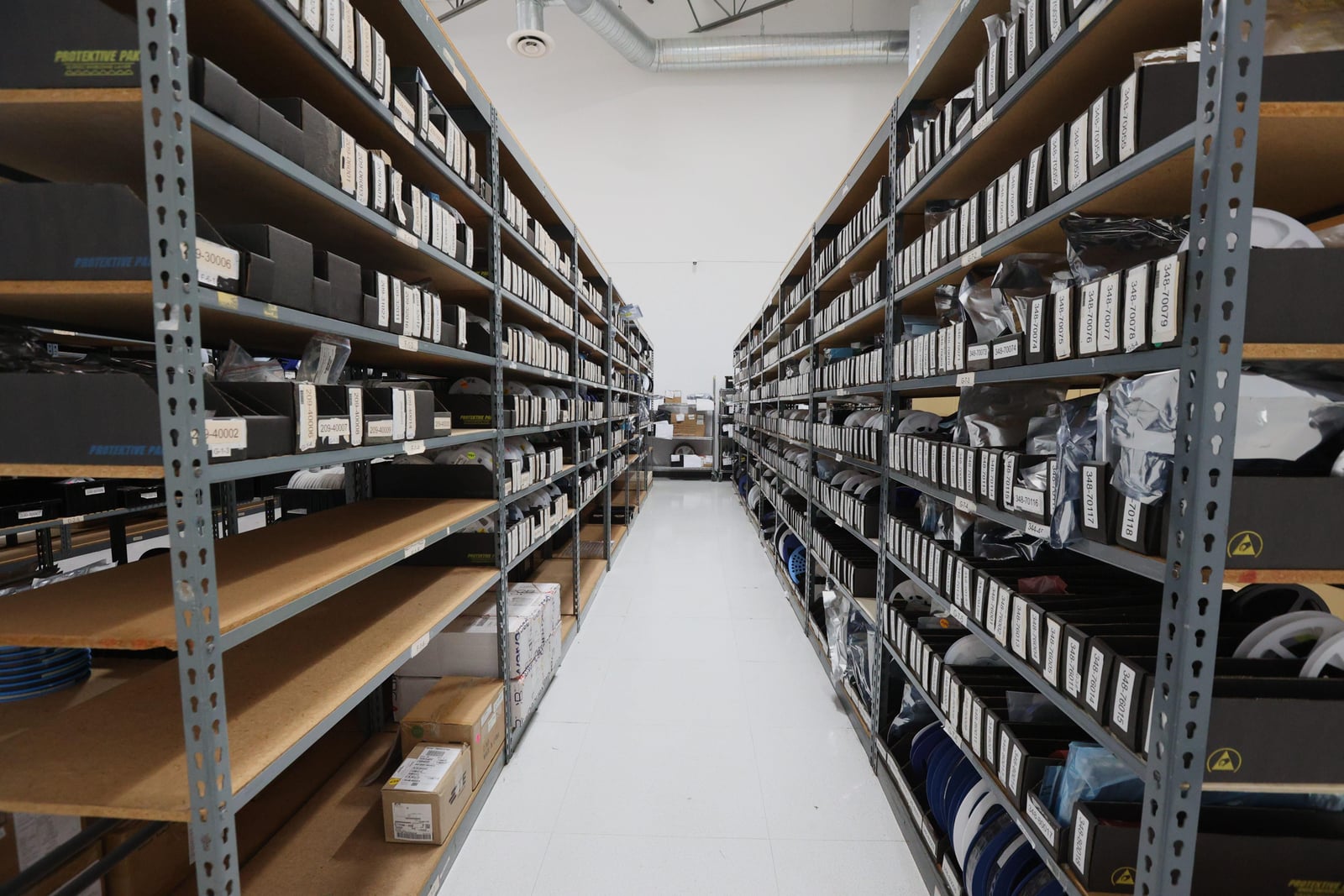 Component storage shelves in the Carlsbad stockroom